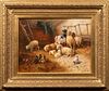 BARN INTERIOR WITH SHEEP, GOATS & CHICKENS OIL PAINTING