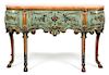 A Pair of Italian Painted and Parcel Gilt Console Tables Height 36 x width 55 3/4 x depth 12 1/4 inches.