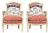 A Pair of Louis XVI Painted Bergeres Height 38 x width 26 1/2 x depth 30 inches.