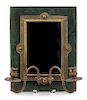 An Ebonized and Gilt Metal Mounted and Mirrored Two-Light Wall Sconce Height 14 x width 11 x depth 6 1/2 inches.
