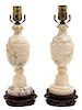 A Pair of Carved Onyx Table Lamps Height 10 inches.