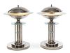 A Pair of Art Deco Nickel and Glass Table Lamps Height 22 x diameter 15 inches