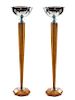 A Pair of Tall Art Deco Maple, Chromed Metal and Glass Torchiers Height 77 inches