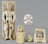 Five pieces of Asian carved ivory, late 19th c., to include a figural incense holder, cube, netsuk