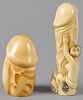 Two Japanese Meiji period carved ivory erotic phallus netsukes.