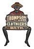 Black Americana painted tin advertising sign for Thompson Bros. Clothiers Bath., 55'' x 34 1/2''