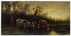Peter Moran (American 1841-1914), oil on panel landscape with cows, signed lower left, 4 3/8'' x 8