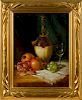 August Laux (American/German 1847-1921), oil on canvas still life with wine and fruit, signed lowe