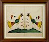 Pennsylvania watercolor fraktur drawing of two roosters, late 19th c., 12 1/2'' x 15''.