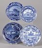 Four Historical blue Staffordshire plates, depicting Harvard College, State House Boston, Nahant H