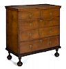 New England William and Mary tiger maple chest of drawers, ca. 1740, 40'' h., 36'' w.