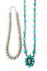 A Navajo Silver and Turquoise Necklace with Cluster Pendant Length 38 inches; pendant 2 inches.