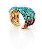 A Hopi Gold, Turquoise, Coral, Sugilite Bracelet, Charles Loloma Length 5 1/4 x opening 1 x width 1 3/4 inches.