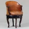Continental Mahogany, Caned and Leather-Upholstered Swivel Desk Chair