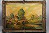 Signed 19th C. Painting, Thatched Cottage on River