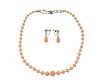 Platinum Gold Diamond Coral Pearl Necklace Earrings Set