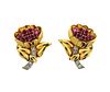 Retro 18K Gold Diamond Red Stone Flower Earrings