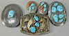 Five sterling silver Western Navajo Native American Indian belt buckles inlaid with turquoise and two also with coral, three 