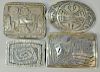 Four Western Navajo Native American Indian sterling silver belt buckles, marked Bet, JR, EHHC, etc. largest: 3 1/4" x 3 1/2",
