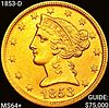 1853-D $5 Gold Half Eagle CHOICE BU+