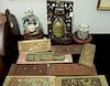 Thirteen piece lot to include an antique Chinese temple brass bell with dragons, carved Chinese stand with marble insert, por