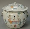 Famille rose porcelain covered pot having hand painted guanyin and scholars, seal mark on bottom. ht. 8in. Provenance: Collec