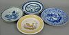 Four piece lot to include two Delft chargers (one 18th century), one Canton charger, and one earthenware charger (rim chips a