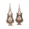 Victorian "Lyre" Earrings in Gold with Brown Hair
