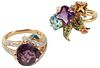 (2) ESTATE 14KT YELLOW GOLD & MULTI-COLOR GEMSTONE COCKTAIL RINGS