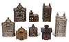 ASSORTED BUILDING CAST-IRON PENNY / STILL BANKS, LOT OF EIGHT