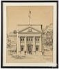 Ink architectural drawing of the Montclair Trust Company, signed J. Warner Allen, 22'' x 18''.