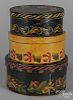 Three painted bentwood boxes, 19th c., with later decoration, largest - 4 1/4'' h., 8 1/2'' w,