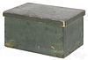 Painted pine box, dated 1881, retaining its original green surface, 7'' h., 13 1/2'' w., 9'' d. Prov
