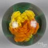 Yellow and orange crimp rose footed paperweight, attributed to Patrick Naples, 4'' dia.