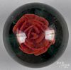 Millville, New Jersey red crimp rose footed paperweight, with green leaves, 3 1/2'' dia.