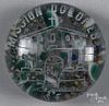 White frit souvenir paperweight, over a ground of colored chips, inscribed Mission Dolores, 3 1/4''