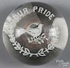 White Our Pride frit paperweight, with dove and garland, 3 1/2'' dia.