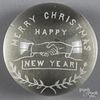 White frit paperweight, with a pair of clasped hands, inscribed Merry Christmas Happy New Year, 3