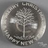 White frit A Merry Christmas & Happy New Year paperweight, with a tree, 3 1/4'' dia.