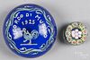 Ricordo di Murano enameled paperweight, with a rooster, dated 1925, on a blue opaque ground, 3 3