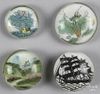 Four Chinese white plaque painted paperweights, with various scenes including a grasshopper, duck, a