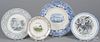 Three Staffordshire plates and a shallow bowl, 19th c., with transfer decoration of Commerce, France