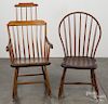 Highback Windsor rocking chair, early 19th c., together with a bowback Windsor.