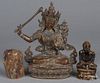 Tibetan bronze Buddhist figure, together with a tigers eye Buddha and a soapstone chop, tallest - 11