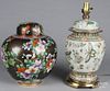 Large Chinese cloisonné covered urn 20th c., 15'' h., together with a famille verte table lamp, 14'' h