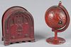 Two cast iron still banks, to include a Kenton Crosley radio, 4 1/2'' h. and a globe on an arc, 5 1