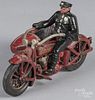 Hubley cast iron Indian motorcycle, with sidecar and police driver, 8 1/2'' l.