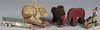 Five pull toys, early and mid 20th c., to include a paper litho rabbit, fur covered dog, elephant, r