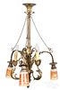 Bronze chandelier, late 19th c., with amber flash shades, 35'' h., 23'' w.