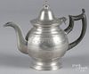 Beverley, Massachusetts pewter teapot, 19th c., bearing the touch of Eben Smith, with engraved flora